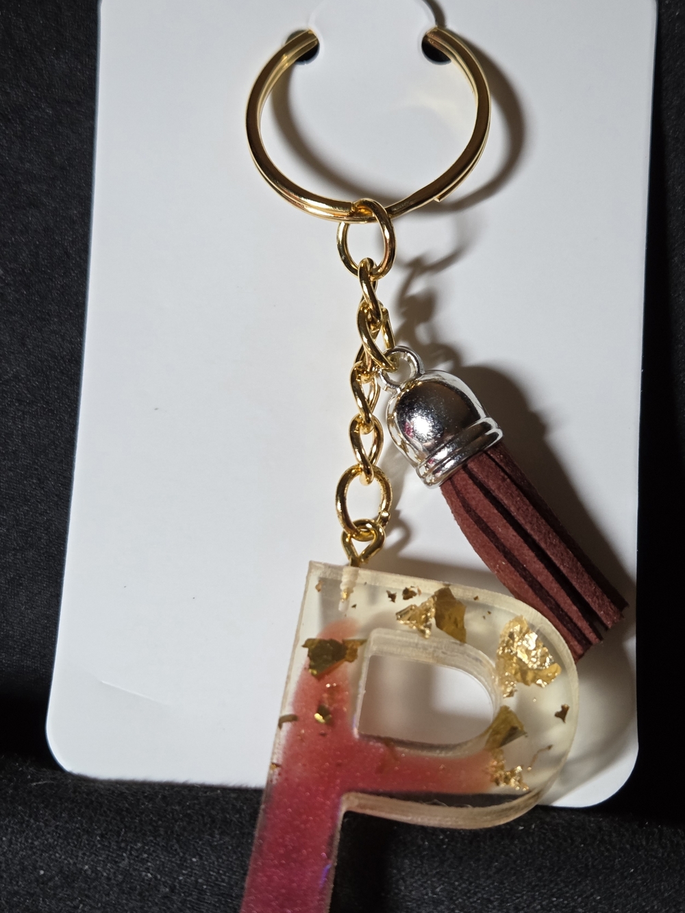 Gold-Tone Key & Card Holder Charm with Maroon Tassel and Pink 'P' Resin Pendant